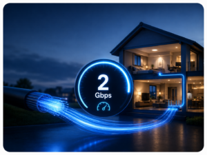 Illustration of a home connected to gigabit fiber internet at 2 Gbps