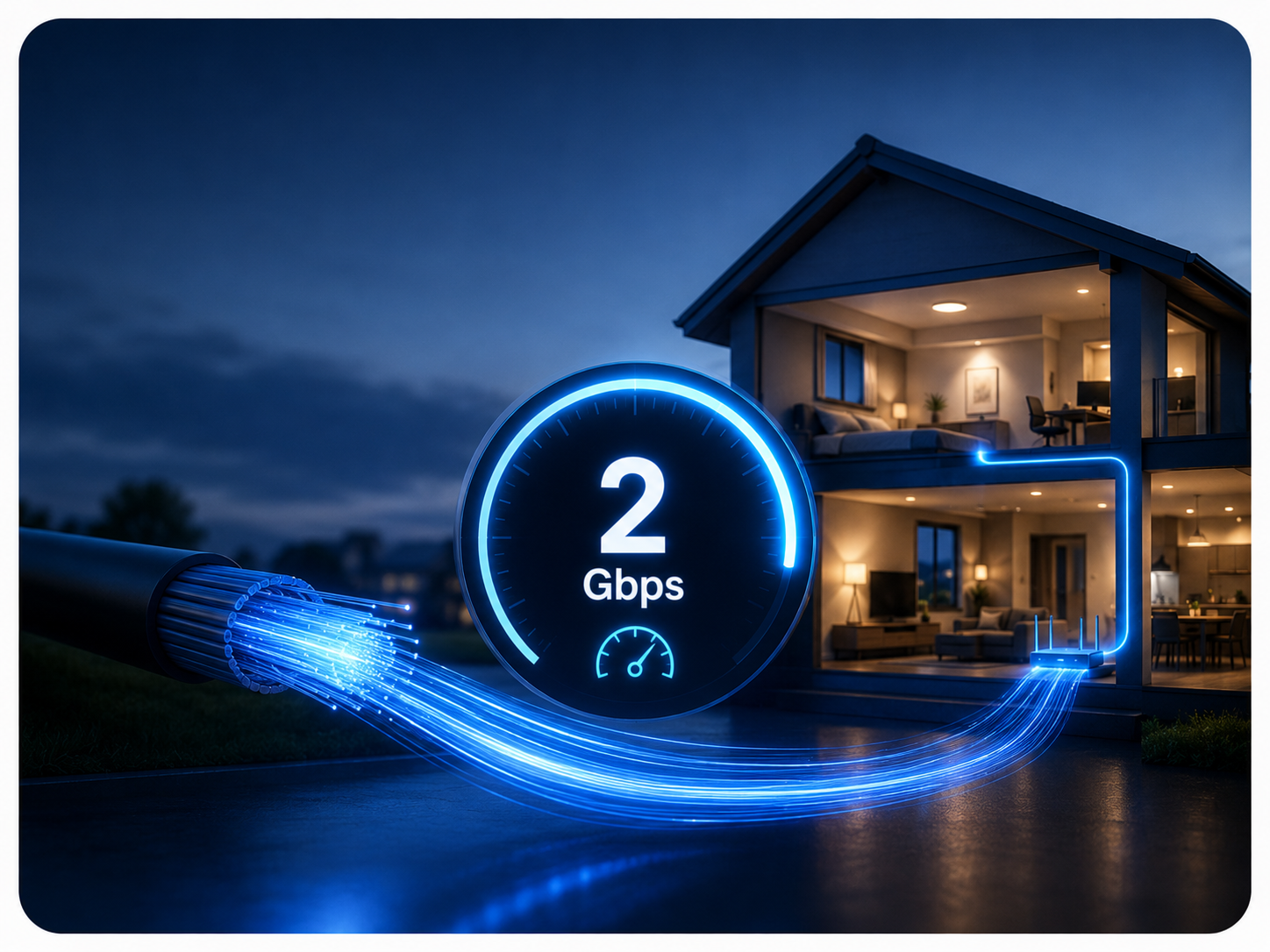 Illustration of a home connected to gigabit fiber internet at 2 Gbps