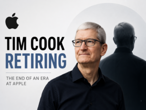 Tim Cook standing beside his own silhouette turning away, with text reading "Tim Cook Retiring: The End of an Era at Apple," marking Tim Cook's last day as Apple CEO