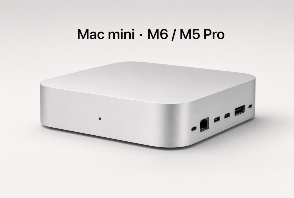 Apple's redesigned Mac mini with M6 and M5 Pro chips, shown from the rear showing the Thunderbolt, HDMI, and Ethernet ports