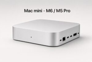 Apple's redesigned Mac mini with M6 and M5 Pro chips, shown from the rear showing the Thunderbolt, HDMI, and Ethernet ports