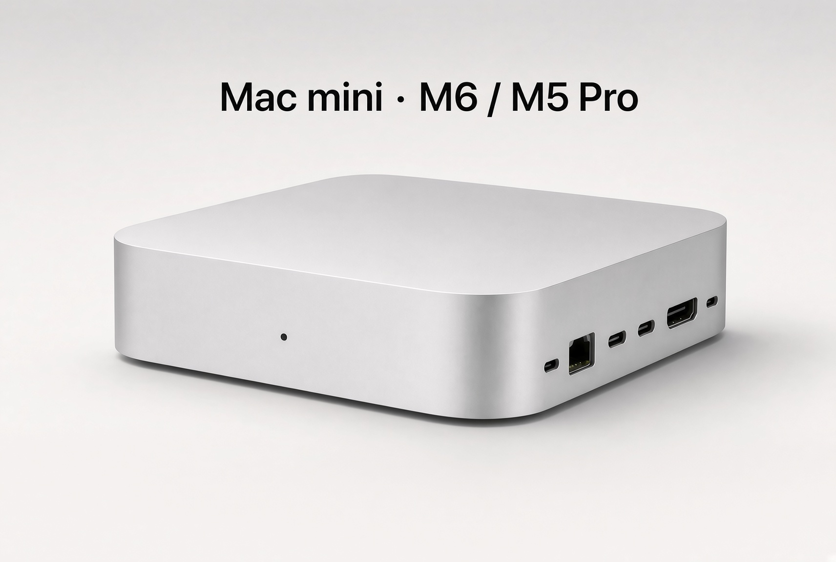 Apple's redesigned Mac mini with M6 and M5 Pro chips, shown from the rear showing the Thunderbolt, HDMI, and Ethernet ports