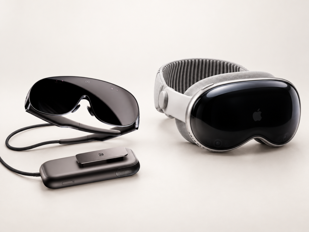 Meta VR Glasses and their compute puck shown beside Apple's Vision Pro headset, comparing the two devices' size and weight