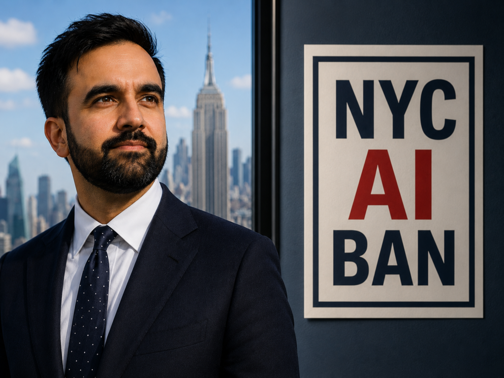 NYC Mayor Zohran Mamdani beside a poster reading NYC AI Ban, illustrating the city's yearlong ban on AI chatbots in K-8 schools