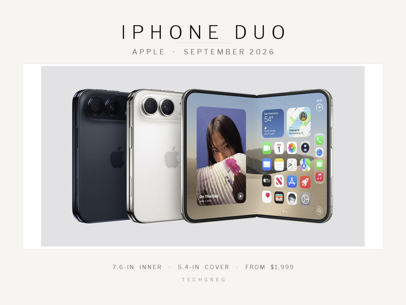 Apple's iPhone Duo foldable phone shown unfolded and closed in black and white finishes, alongside its 7.6-inch inner display and 5.4-inch cover screen specs and $1,999 starting price