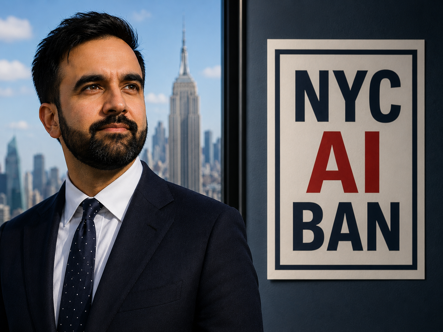 NYC Mayor Zohran Mamdani beside a poster reading NYC AI Ban, illustrating the city's yearlong ban on AI chatbots in K-8 schools