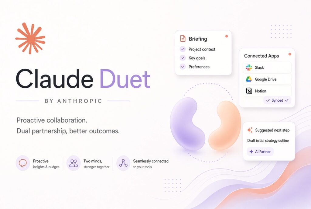 Claude Duet by Anthropic graphic showing a morning briefing card, connected apps, and a suggested next step