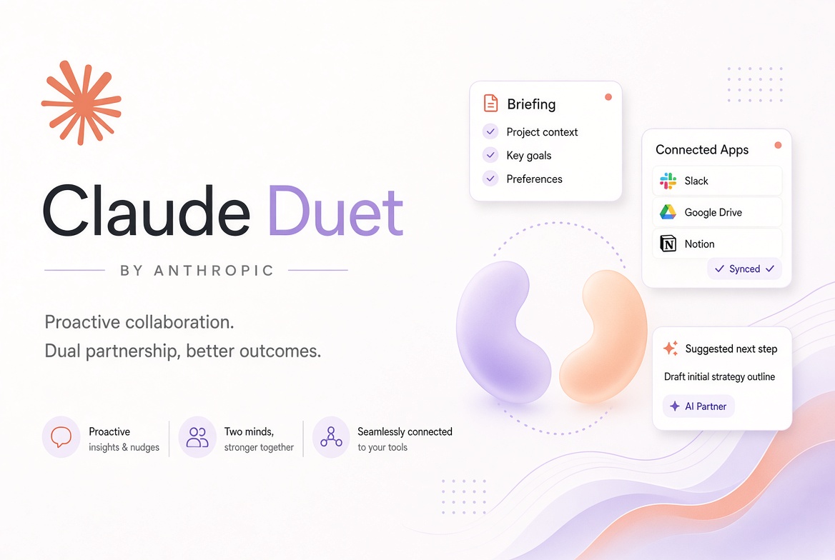 Claude Duet by Anthropic graphic showing a morning briefing card, connected apps, and a suggested next step
